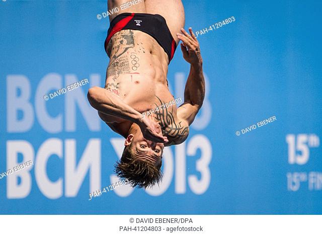 Matthieu Rosset of France in action during the men's 1m Springboard diving final of the 15th FINA Swimming World Championships at Montjuic Municipal Pool in...