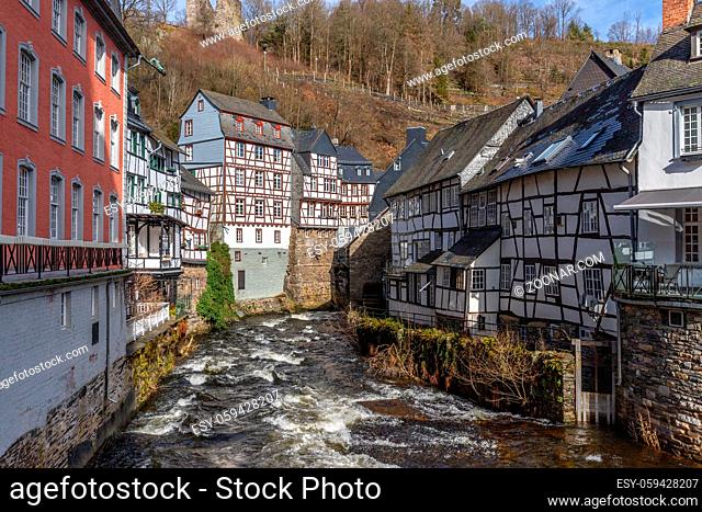 Half-timbered houses along the rur river in Monschau, Eifel