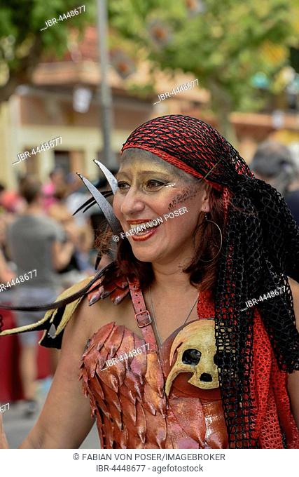 Woman in traditional clothes, Moors and Christians Parade procession, Moros y Cristianos, Jijona or Xixona, Alicante, Costa Blanca, Spain