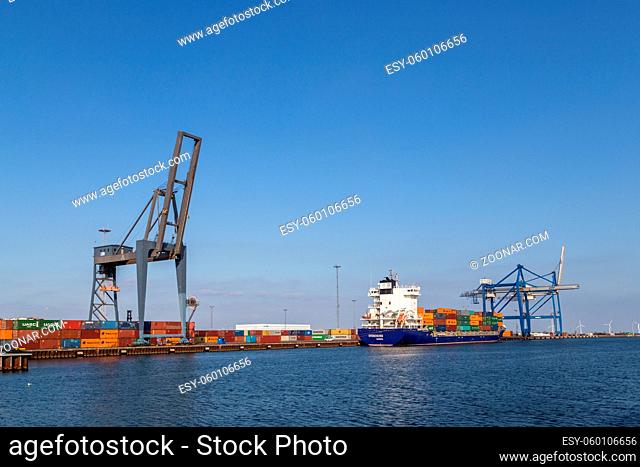 Copenhagen, Denmark - April 18, 2018: Gantry cranes for loading and unloading of container ships