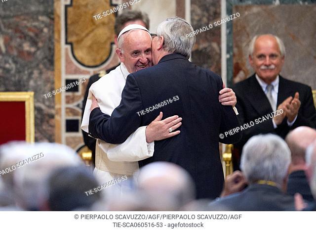 Pope Francis greets Jean-Claude Juncker President of European Commission during the ceremony of conferral of Charlemagne Prize, Apostolic Palace, Vatican, Rome