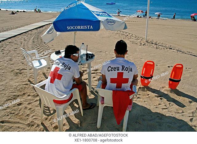 lifeguards, Red Cross, beach from Sant Feliu de Guixols, Catalonia, Spain