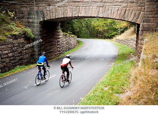 Cyclists and Stone Bridge - Acadia National Park - Bar Harbor, Maine USA