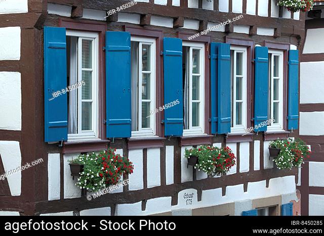 Facade of half-timbered house with shutters built 1775 in Schlossbergstraße, Schiltach, Southern Black Forest, Black Forest, Baden-Württemberg, Germany, Europe