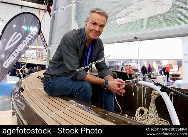 19 January 2020, North Rhine-Westphalia, Duesseldorf: Hannes Jaenicke, actor, sits on a boat during a press conference of the environmental protection...