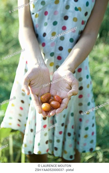 Young woman holding out cherry tomatoes, cropped