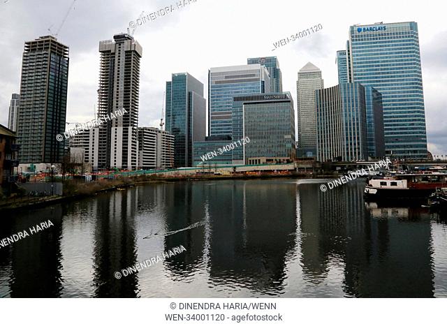 General view of the financial district in Docklands showing HSBC, Barclays, Canary Wharf Skyline and CITI bank Featuring: atmosphere Where: London