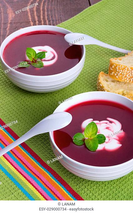 Beetroot soup served with cream