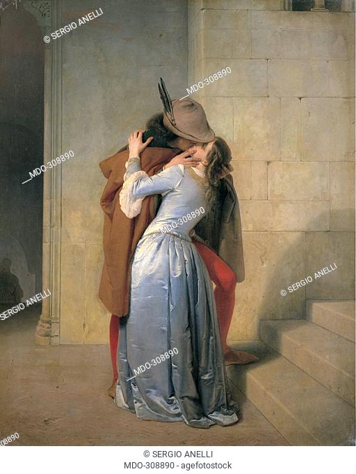 The Kiss, by Hayez Francesco, 1859, 19th Century, oil on canvas. Italy; Lombardy; Milan; Brera Art Gallery; . All. man feathered hat tights red mantle/cloak...