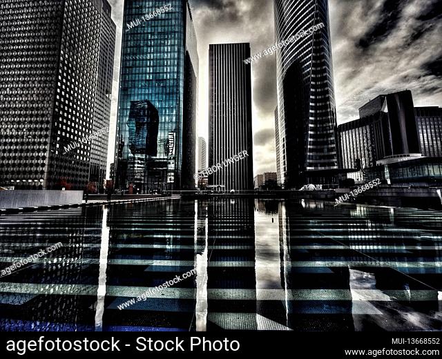 View of office buildings in the Grande Arche business district in Paris