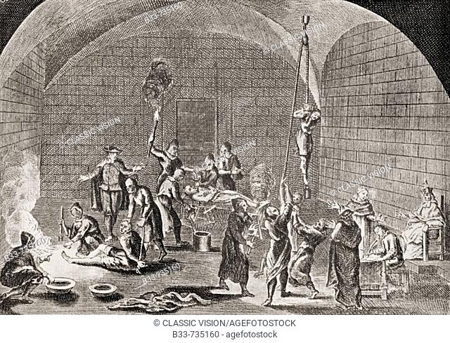 The Torture Chamer of the Spanish Inquisition From the engraving by Picart from the book The Spanish Inquisition by Cecil Roth published 1937