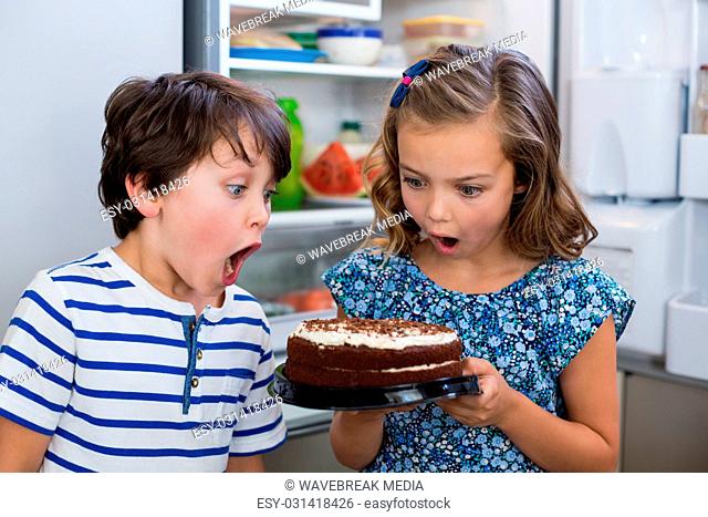 Surprised siblings looking at cake in kitchen