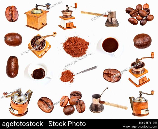 collage from coffee, beans, ground powder, coffee mills, drinks in cups isolated on white background
