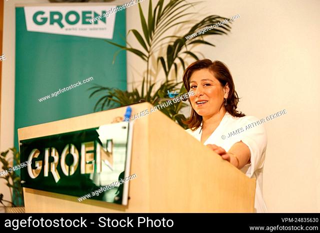 Groen chairwoman Meyrem Almaci pictured at a press conference of the Flemish ecologist party Groen, on Wednesday 23 March 2022 in Brussels