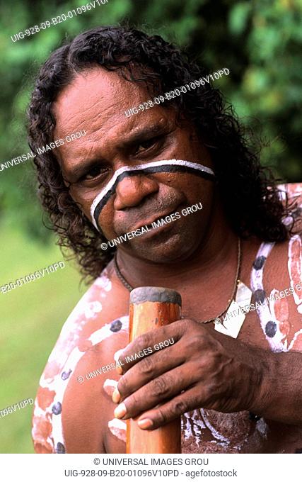 Australia, Queensland, Cairns. Tjappukai Aboriginal With Didgeridoo