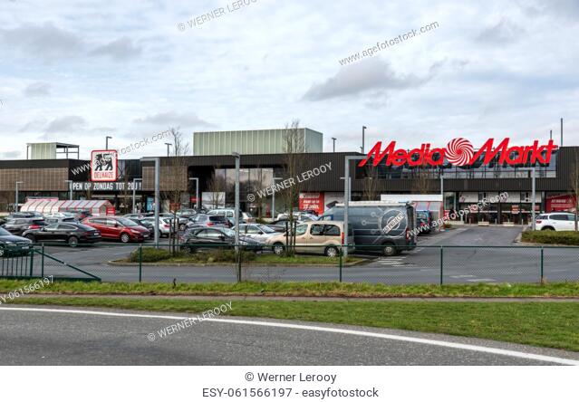 Ghent, Flanders, Belgium. The Mediamarkt and Delhaize retail shops and parking