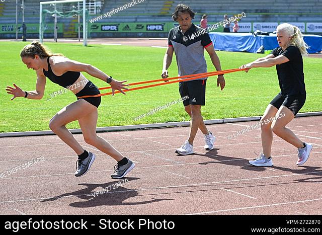 Belgian Noor Vidts, Athletics coach Fernando Oliva and Belgian skeleton athlete Kim Meylemans pictured during a training camp organized by the BOIC - COIB...