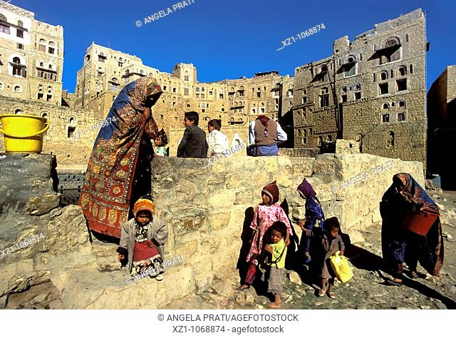 Asia, Yemen, Hababa village built around a water cistern where medieval houses reflect