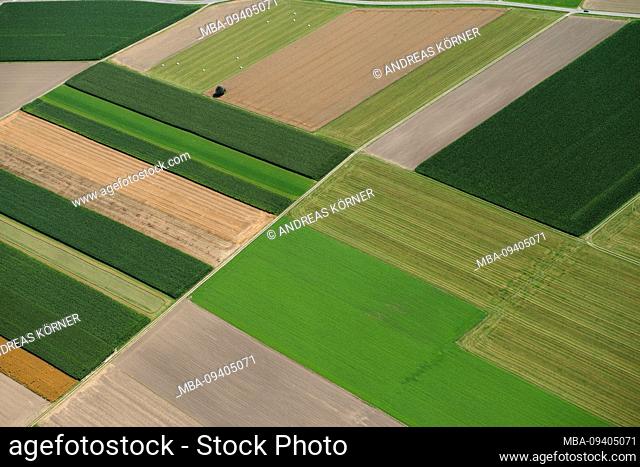 Aerial view of agriculturally used green fields and fields