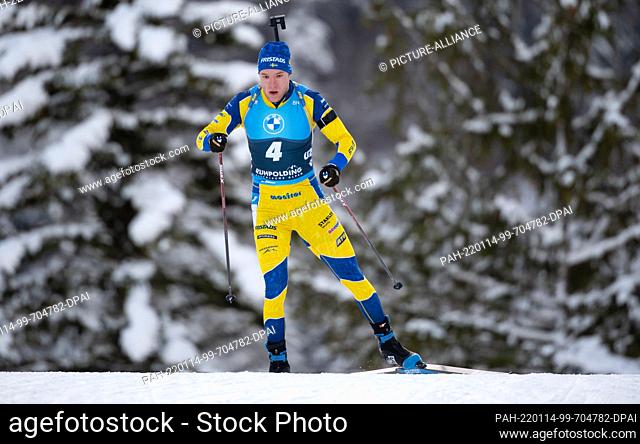 13 January 2022, Bavaria, Ruhpolding: Biathlon: World Cup, Sprint 10 km in Chiemgau Arena, men. Sebastian Samuelsson from Sweden in action