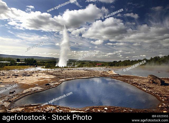 Geysir and Strokkur, hot springs, Haukadalur, geothermal area, Golden Circle, South West Iceland, Iceland, Europe