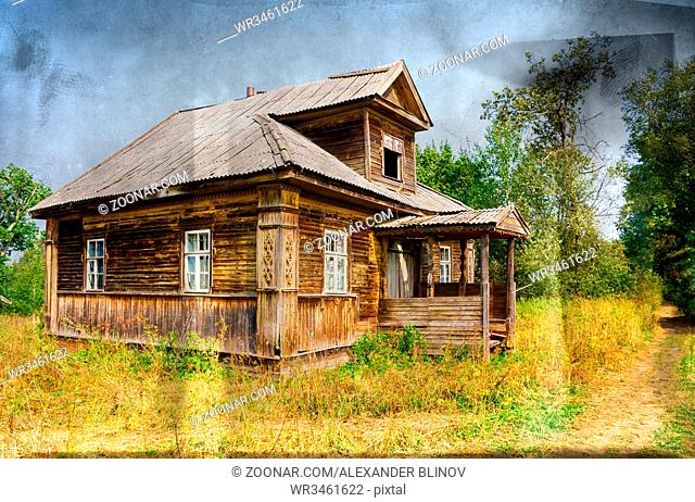 Retro photo with old wooden broken house in russian abandoned village in summer day