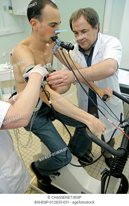 Photo essay at Caen hospital in France. Pulmonary function testing: exercise test