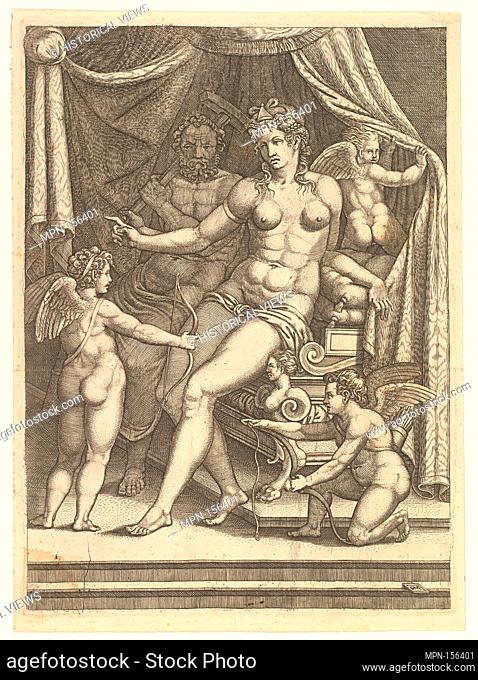 Venus and Vulcan Seated on a Bed and Three Putti. Artist: Giorgio Ghisi (Italian, Mantua ca. 1520-1582 Mantua); Artist: After Perino del Vaga (Pietro...