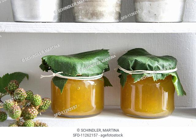 Jars of greengage jam with blackberry leaves wrapped around the lids