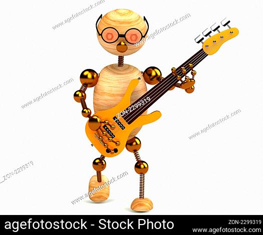 3d wood man bass guitar player isolated on white