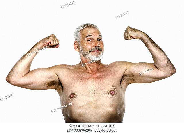 caucasian man portrait showing biceps cheerful isolated studio on white background