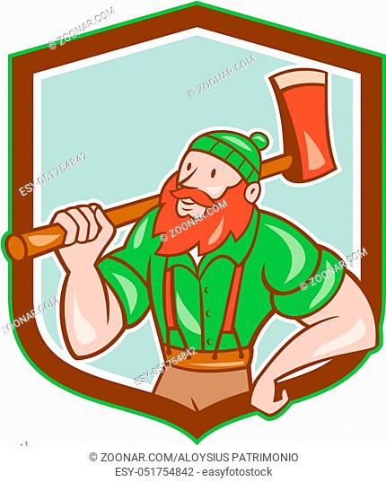 Illustration of a Paul Bunyan an American lumberjack sawyer forest holding an axe on shoulder looking up to side set inside shield crest shape done in cartoon...