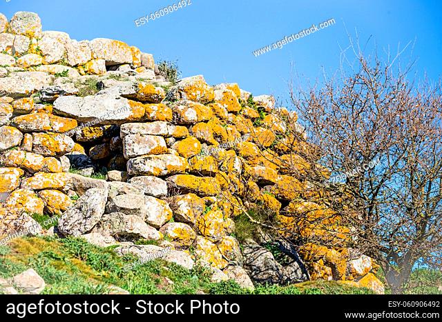 Remains of nuraghe or fortress from the bronze age at Archeological site of Tamuli, Sardinia island, Italy