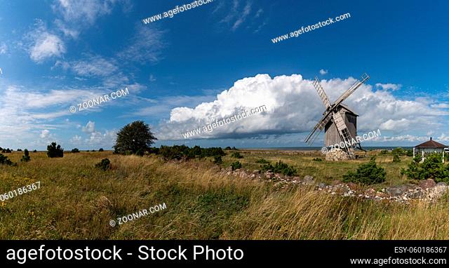Ohessaare, Estonia - 15 August, 2021: view of the Ohessaare windmills on Saaremaa Island in Estonia