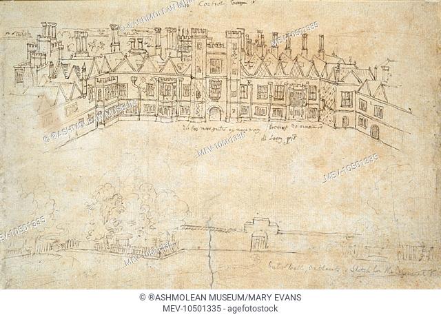 The Inner Courtyard of Oatlands Palace, Weybridge, Surrey, England, and the outer Wall. Antonis Van der Wyngaerde