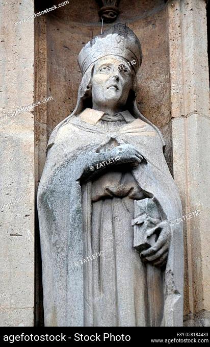 Saint Landry of Paris statue on the portal of the Saint Germain l'Auxerrois church in Paris, France