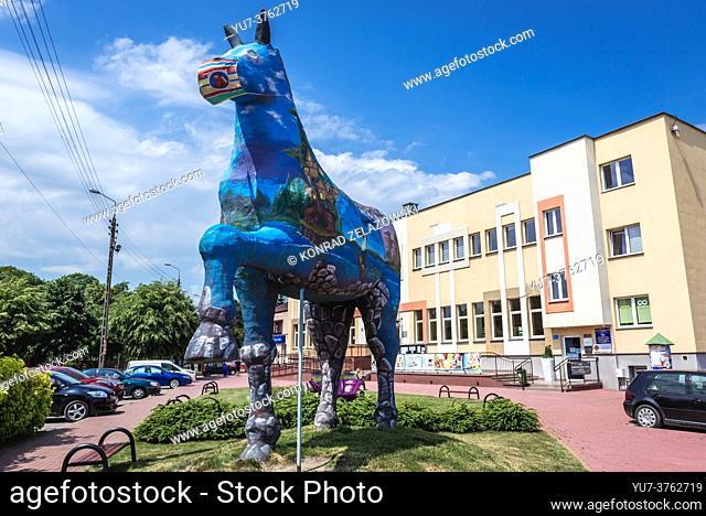 Mare statue in front of Municipal Cultural Center in Kobylka town outside of the city of Warsaw, near Wolomin in the Masovian Voivodeship, Poland