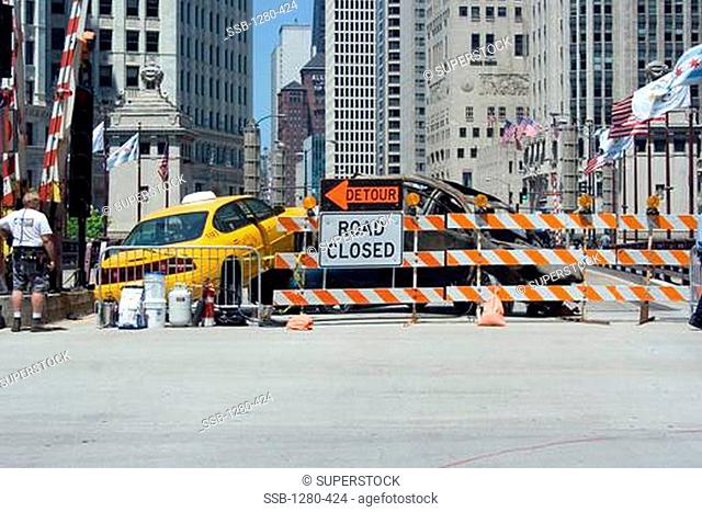 Bridge is closed due to a taxi colliding with a car burned beyond recognition, Michigan Avenue Bridge, Michigan Avenue, Chicago, Illinois, USA