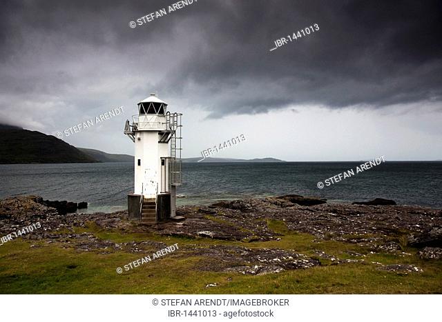 The Rhue lighthouse on the Scottish west coast of the Atlantic, Ross and Cromarty, Scotland, United Kingdom, Europe