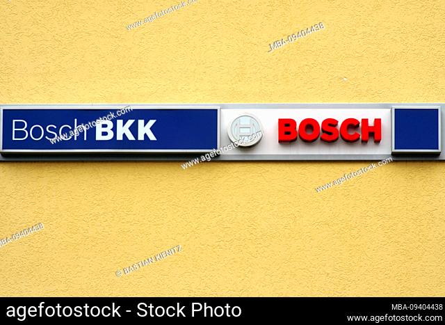 The logo of the health insurance company Bosch BKK on the facade of a office and business building in Homburg
