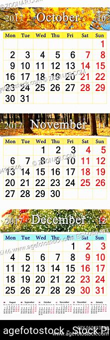 October November and December 2017 with colored pictures in form of triple calendar