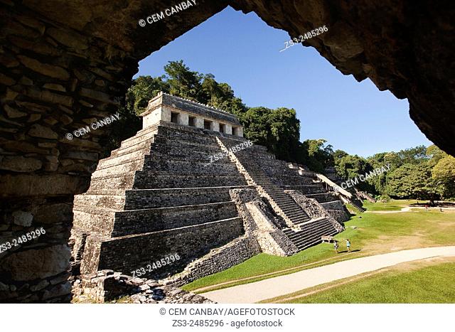 Framed view to the Temple of Inscriptions at the Palenque Archaeological Site, Palenque, Chiapas State, Mexico, North America