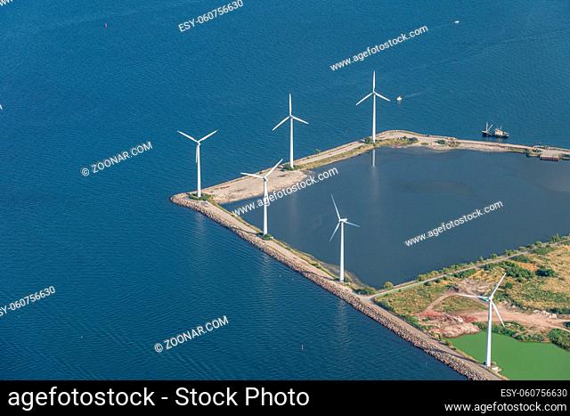Copenhagen, Denmark - August 21, 2021: Aerial view of Lynettens onshore wind power park