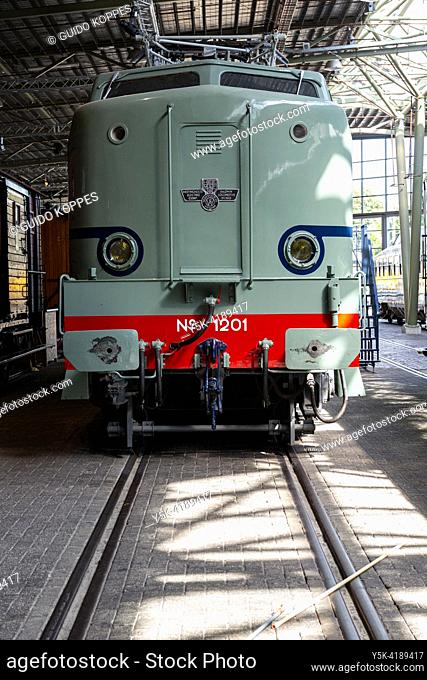 Historical Trains at Railway & Railroad Museum, showcasing the history of Dutch Railroads. Utrecht, Netherlands