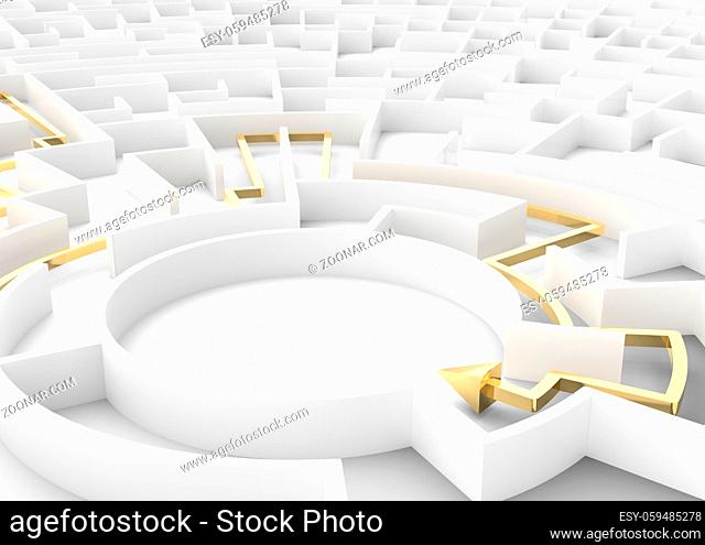 Gold arrow going through maze showing a solution. Concepts of problem solving, challenge, business strategy etc. 3D illustration