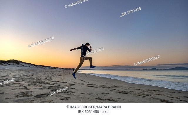 Young man jumps into the air, beach Waipu Beach at sunset, Waipu Cove, Northland, New Zealand, Oceania