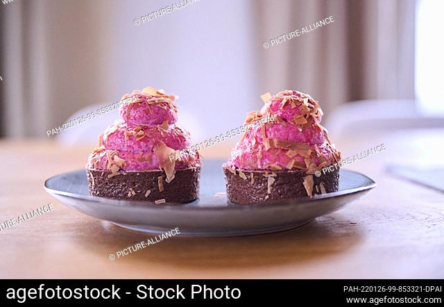 PRODUCTION - 12 January 2022, Berlin: ILLUSTRATION - Two cupcakes are placed on a table. (posed scene) Photo: Annette Riedl/dpa