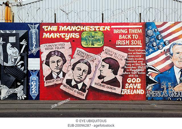 West, Falls Road, Political murals painted on walls of the Lower Falls Road area remembering the Manchester Martyrs of 1867