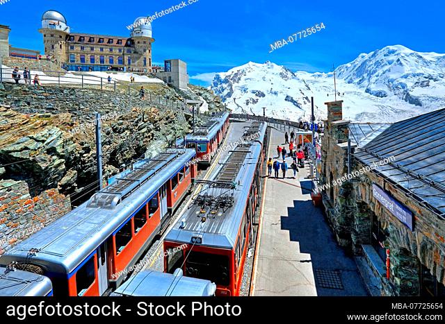 Mountain house and summit station Gornergrat 3089 m of the rack railway in front of Monte Rosa group with Dufourspitze 4634 m and Liskamm 4527 m, Zermatt
