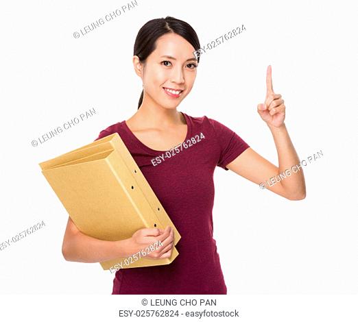 Woman hold with folder and finger point up